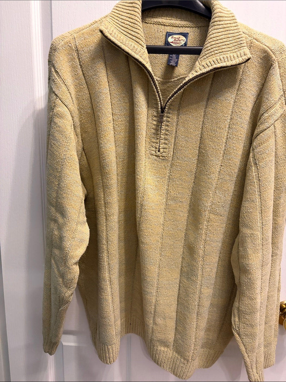 Tommy Bahama Men’s Zip-Neck Sweater in Light Sage and Yellow blend